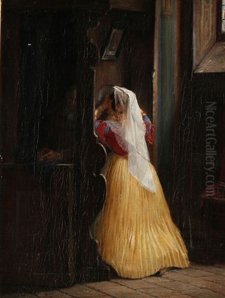 A Woman Confessing To A Monk Oil Painting by Jorgen Roed