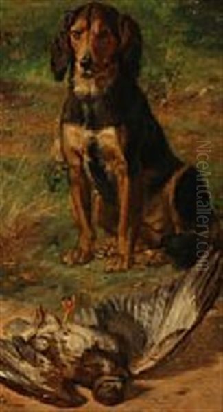 A Hunting Dog In Front Of A Dead Bird Oil Painting by Jorgen Roed