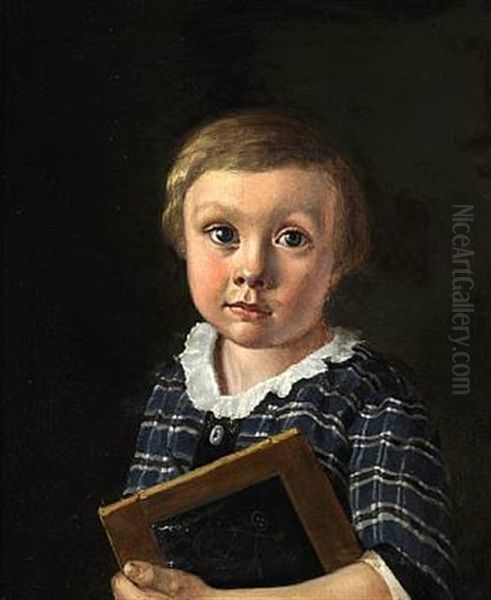 A Little Schoolboy With His Blackboard Oil Painting by Jorgen Roed