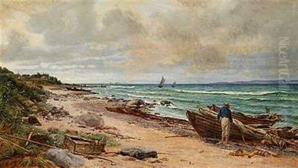 Nordsjaellandsk Kystparti Med Optrukne Bade Pa Stranden Oil Painting by Jorgen Roed