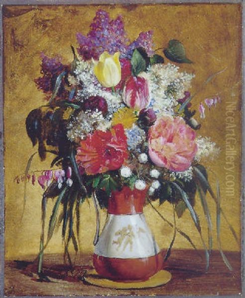 Buket Af Paeoner, Valmuer, Tulipaner, Lojtnantshjerter Og Syrener Oil Painting by Jorgen Roed