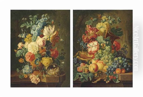 Tulips, Poppies, Carnations And Other Flowers In A Vase With A Bird's Nest On A Marble Ledge; And Grapes, Corn On The Cob, Peaches, Plums, Raspberries And Mixed Flowers On A Marble Ledge Oil Painting by Johannes Christianus Roedig