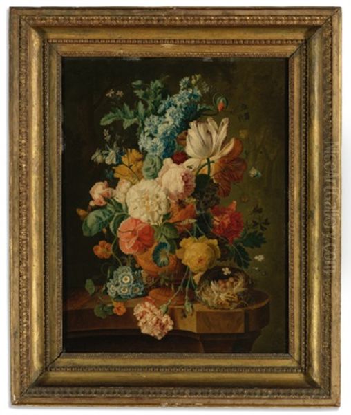 A Still Life With Carnations, Primula, Grapes, Peaches, Plums, Raspberries, Apricots, Maize, Walnuts And Hazelnuts Before An Urn On A Stone Ledge (+ A Still Life With Roses...; 2 Works After Paul Theodor Van Brussel) Oil Painting by Johannes Christianus Roedig