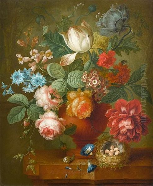 Tulips, Roses, Convolvulus And Other Flowers In A Terracotta Vase With A Bird's Nest On A Marble Ledge Oil Painting by Johannes Christianus Roedig