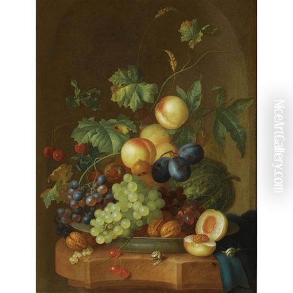 A Still Life With Peaches, Grapes, Plums, A Melon, Cherries, Walnuts, Chestnuts On A Wan-li Porcelain Plate, Together With Two Snails On A Marble Ledge, Draped With A Blue Cloth Oil Painting by Johannes Christianus Roedig