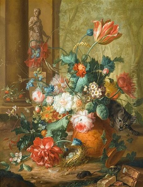 Tulips, Roses And Other Flowers In A Classical Urn (+ Peaches, Grapes, Pumpkins, A Lemon, A Pomegranate; Pair) Oil Painting by Johannes Christianus Roedig