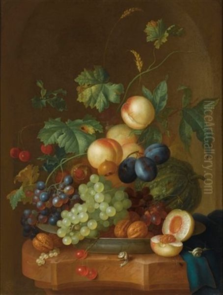 A Still Life With Peaches, Grapes, Plums, A Melon, Cherries, Wallnuts, Chestnuts On A Wan-li Porcelain Plate, Together With Two Snails On A Marble Ledge, Draped With A Blue Cloth Oil Painting by Johannes Christianus Roedig