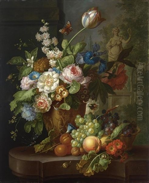 A Still Life With Pink Roses, Small Morning Glory, Irisses, A Hyacinth, A Poppy Anemone... by Johannes Christianus Roedig