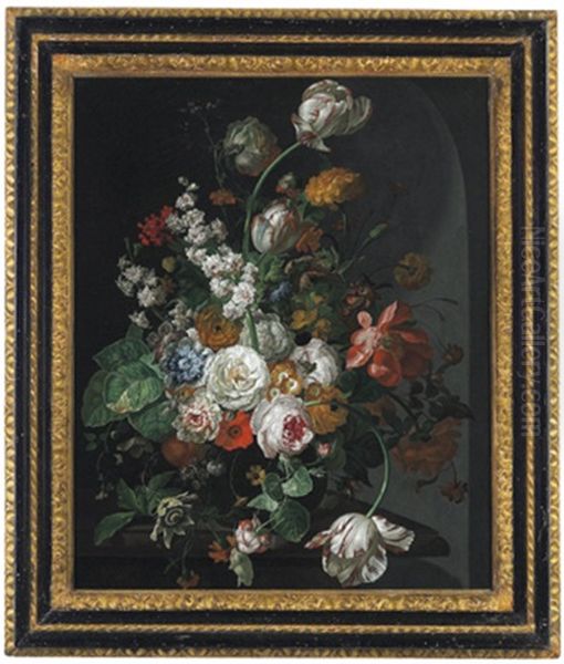 Tulpen, Pfingstrosen, Mohnblumen, Ringelblumen, Aurikeln, Kornblumen, Afrikanische Ringelblumen, Passionsblumen Und Andere Bluten In Einer Glasvase Oil Painting by Johannes Christianus Roedig