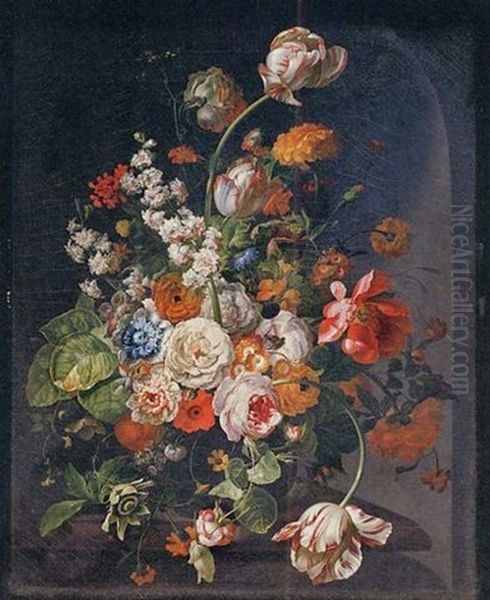 Tulips, Peonies, Poppies, Roses, Hyacinths, Marigolds, Auricolae, A Cornflower, A Passion Flower, African Marigolds And Other Flowers In A Glass Vase On A Stone Ledge Oil Painting by Johannes Christianus Roedig