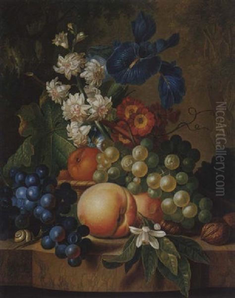 Still Life Of Grapes, Peaches, Walnuts, Irises And Other Flowers On A Stone Ledge Oil Painting by Johannes Christianus Roedig