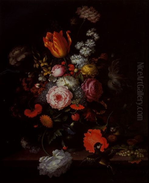 A Still Life Of Flowers In A Vase Beside Walnuts And Berries On A Ledge With Two Tits Oil Painting by Johannes Christianus Roedig