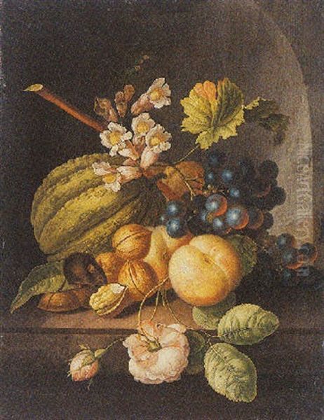 A Still Life Of A Melon, Peaches, Grapes, Walnuts, A Rose And Other Flowers With A Mouse, All In A Stone Niche Oil Painting by Johannes Christianus Roedig