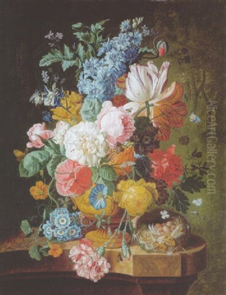 Roses, Lilies, Carnations And Other Flowers In An Urn, A Wasp, Moth, Bee And A Bird's Nest On A Marble Ledge Oil Painting by Johannes Christianus Roedig