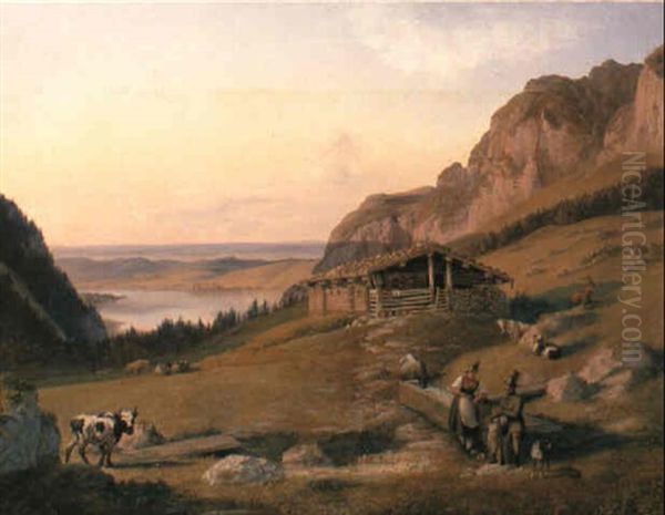 Huntsman And His Wife Resting Before A Chalet, Salzkammergut, Austria Oil Painting by Jakob Roedler