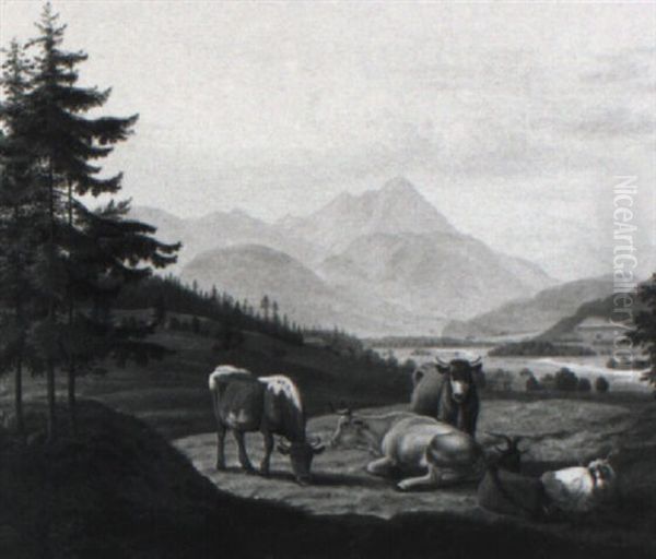 Weidende Kuhe Und Ziegen Im Gebirgstal Oil Painting by Jakob Roedler