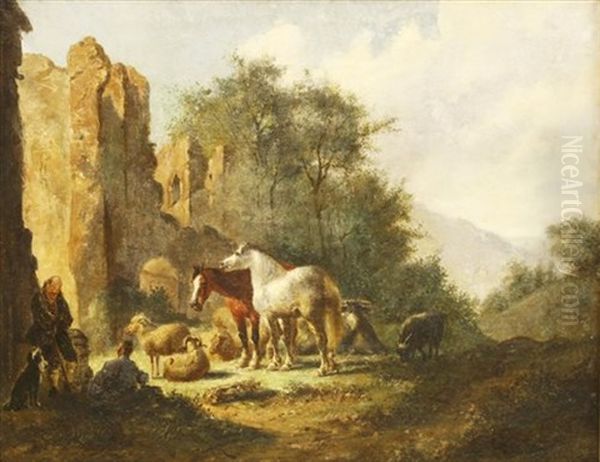 Shepherds With Sheep, Goats And Horses By Castle Ruins Oil Painting by Adolphe Eugene Gabriel Roehn