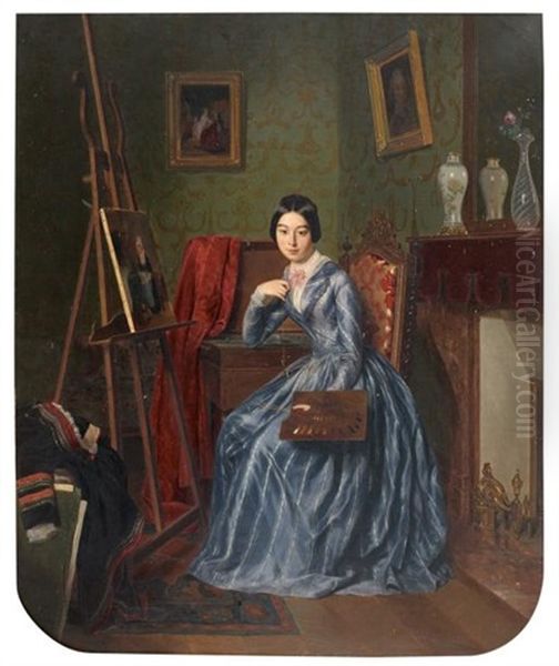 Portrait D'une Jeune Femme Peintre Dans Son Atelier Oil Painting by Jean Alphonse Roehn