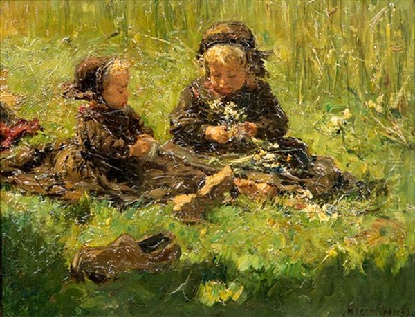 Veldbloemen (twee Kinderen In 't Gras) Oil Painting by Otto Willem Albertus Roelofs