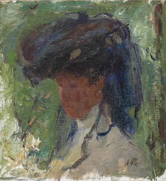 Portrait Of A Lady With A Blue Hat Oil Painting by Otto Willem Albertus Roelofs