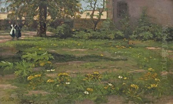 Girls In A Spring Garden Oil Painting by Otto Willem Albertus Roelofs