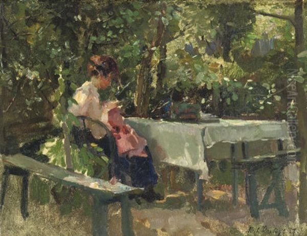 In Den Tuin - In A Shady Corner Of The Garden Oil Painting by Otto Willem Albertus Roelofs