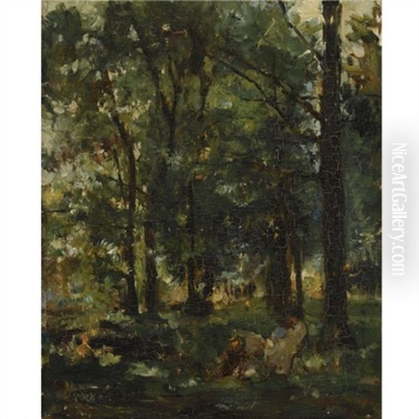 Resting Figures In A Forest Landscape Oil Painting by Otto Willem Albertus Roelofs