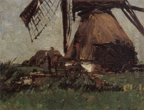 A Peasant Woman Near A Mill In A Polder Landscape Oil Painting by Otto Willem Albertus Roelofs