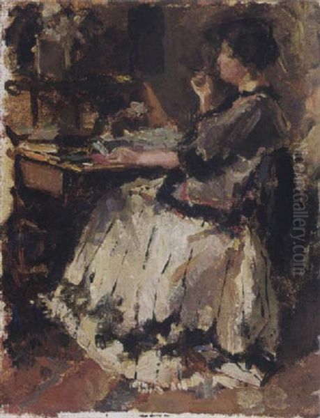 An Elegant Lady At A Writing Desk (tjieke Roelofs?) Oil Painting by Otto Willem Albertus Roelofs