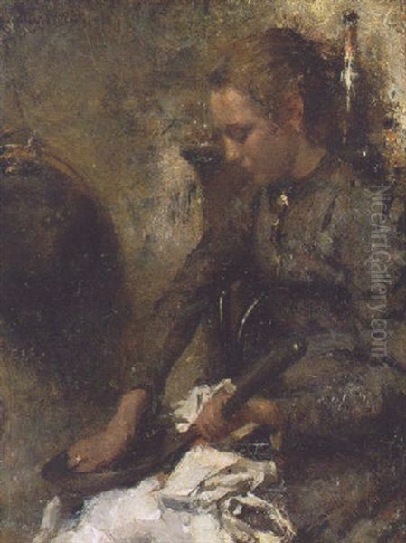 A Woman Cleaning A Pan Oil Painting by Otto Willem Albertus Roelofs