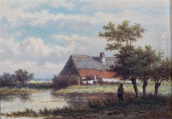 Dutch Landcape With Fisherman Oil Painting by Willem Roelofs