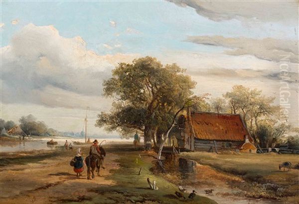 Figures On A Country Road Near A Farm By The Water Oil Painting by Willem Roelofs