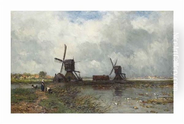 Windmills In A Dutch Polder Landscape Oil Painting by Willem Roelofs