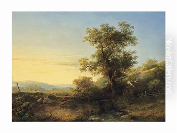 A Sheperd Near A Stream In A Sunlit Landscape Oil Painting by Willem Roelofs