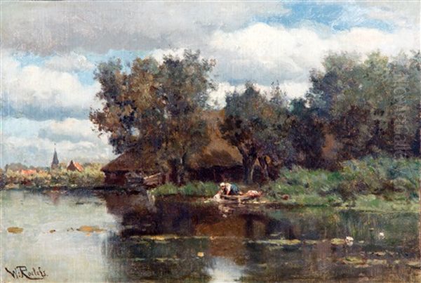 Washing Laundry At The Waterfront, Schiedam Oil Painting by Willem Roelofs