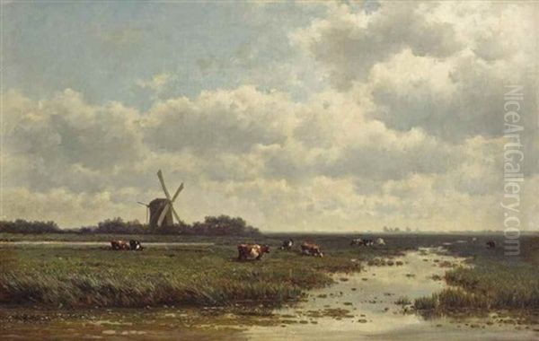 Cows Grazing Near A Windmill Oil Painting by Willem Roelofs