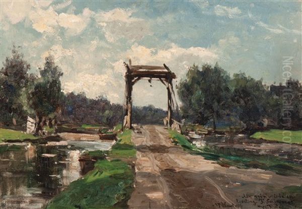 Drawbridge In Landscape At Reeuwijk, Zuid-holland  (1887) Oil Painting by Willem Roelofs