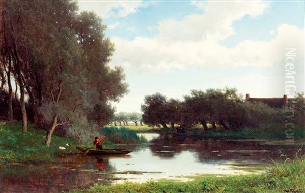 Boer In Bootje Aan De Slootkant Oil Painting by Willem Roelofs