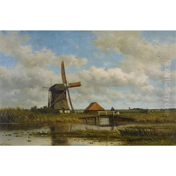 Weite Landschaft Mit Windmuhle Und Anglern Oil Painting by Willem Roelofs