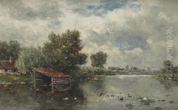 A View Of A River With A Boat House And Water Lilies Oil Painting by Willem Roelofs