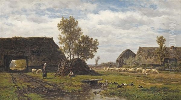 Farmhouses In Drenthe Oil Painting by Willem Roelofs