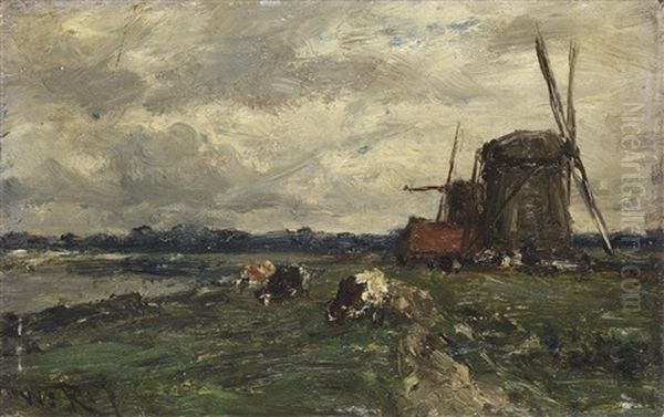 A Polder Landscape With Cows And Windmills Oil Painting by Willem Roelofs