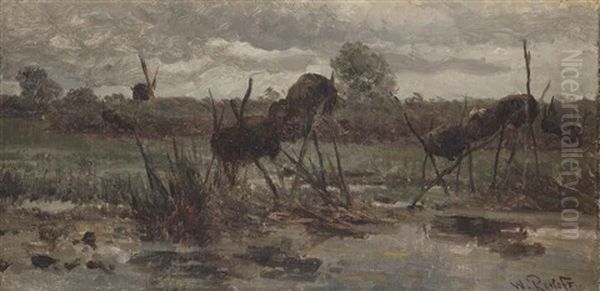 A Polder Landscape With Duck Baskets, Noorden Oil Painting by Willem Roelofs