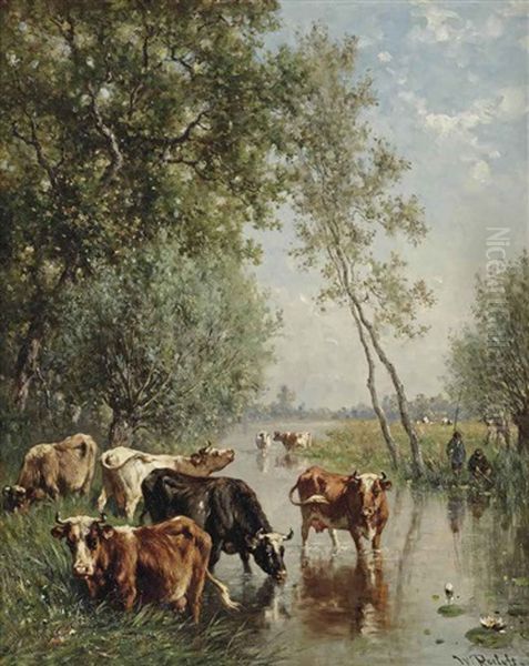 Watering Cows Near The River Gein, Abcoude Oil Painting by Willem Roelofs