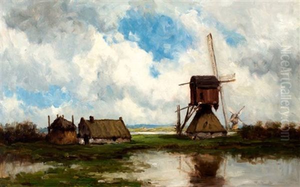 Polderlandschap Met Twee Molens, Boerderij En Hooimijt Oil Painting by Willem Roelofs