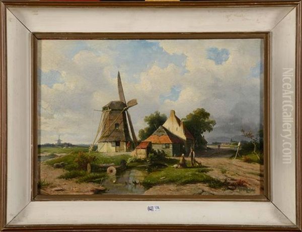 Paysage Anime Au Moulin A Vent Oil Painting by Willem Roelofs