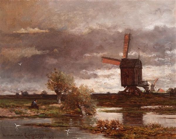 Dutch Landscape With Windmills Oil Painting by Willem Roelofs