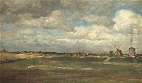 A Polder Landscape With Mills Near Rotterdam Oil Painting by Willem Roelofs