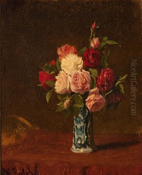 Bouquet Of Roses In Delft Earthenware Vase Oil Painting by Willem Roelofs