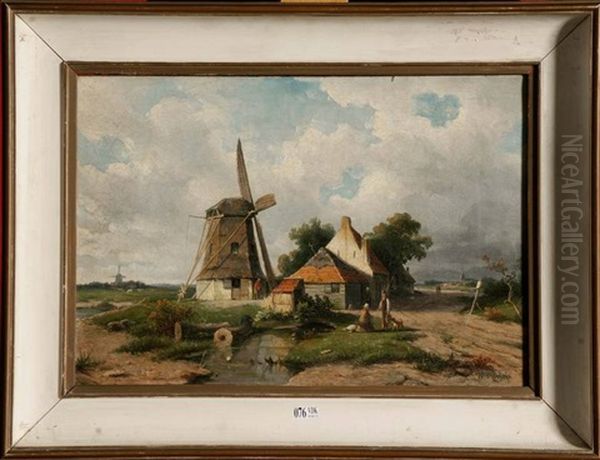 Paysage Anime Au Moulin A Vent Oil Painting by Willem Roelofs